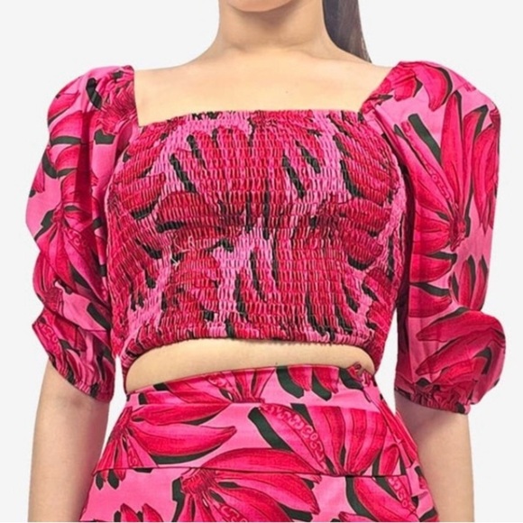 Women’s Pink Tropical Banana Print Smocked Crop Top HT360 Summer Resort wear XL - Picture 10 of 11